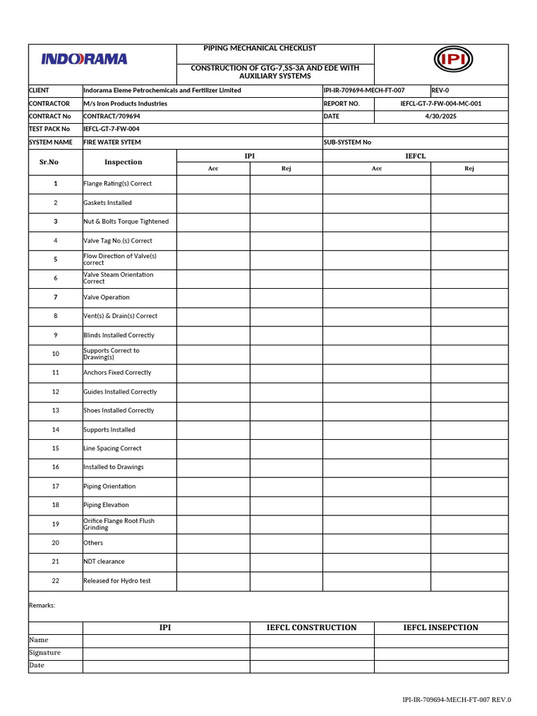 Ipi-Ir-709694-Mech-Ft-007 - Piping Mechanical Checklist | PDF