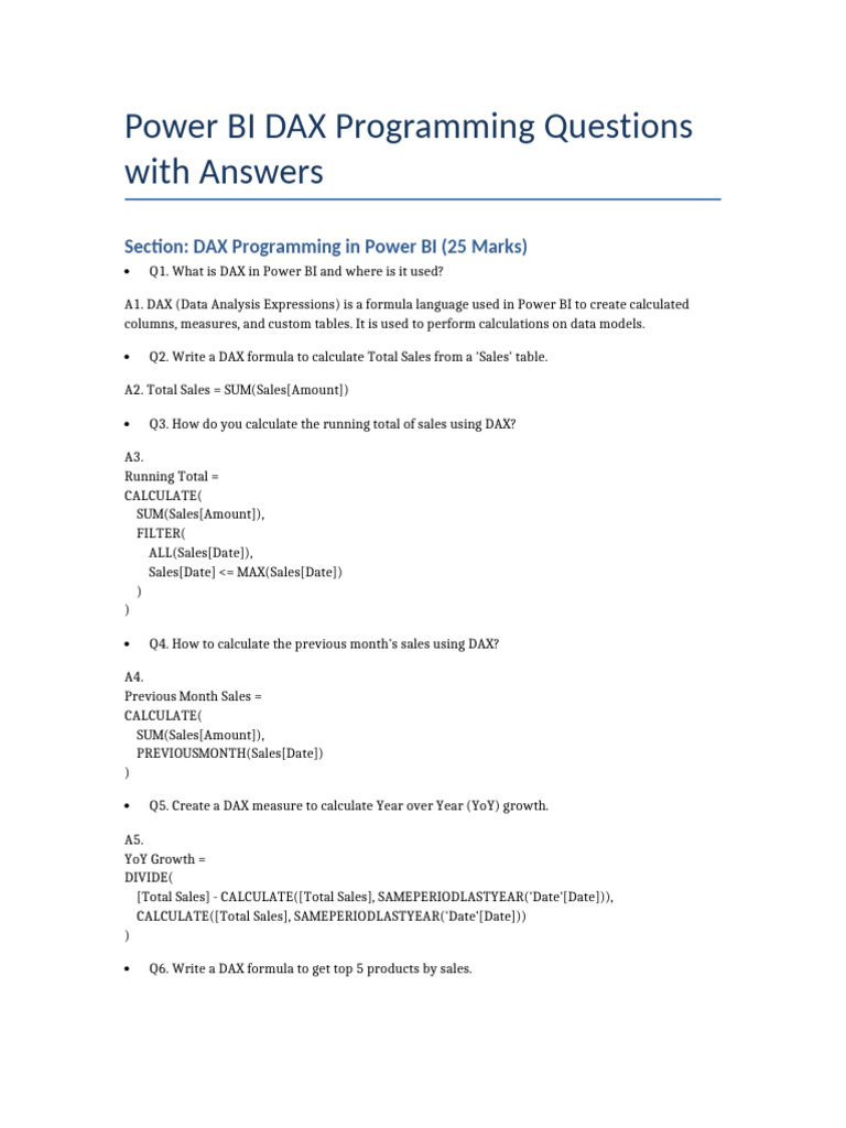 Power BI DAX Questions & Answers Guide | PDF