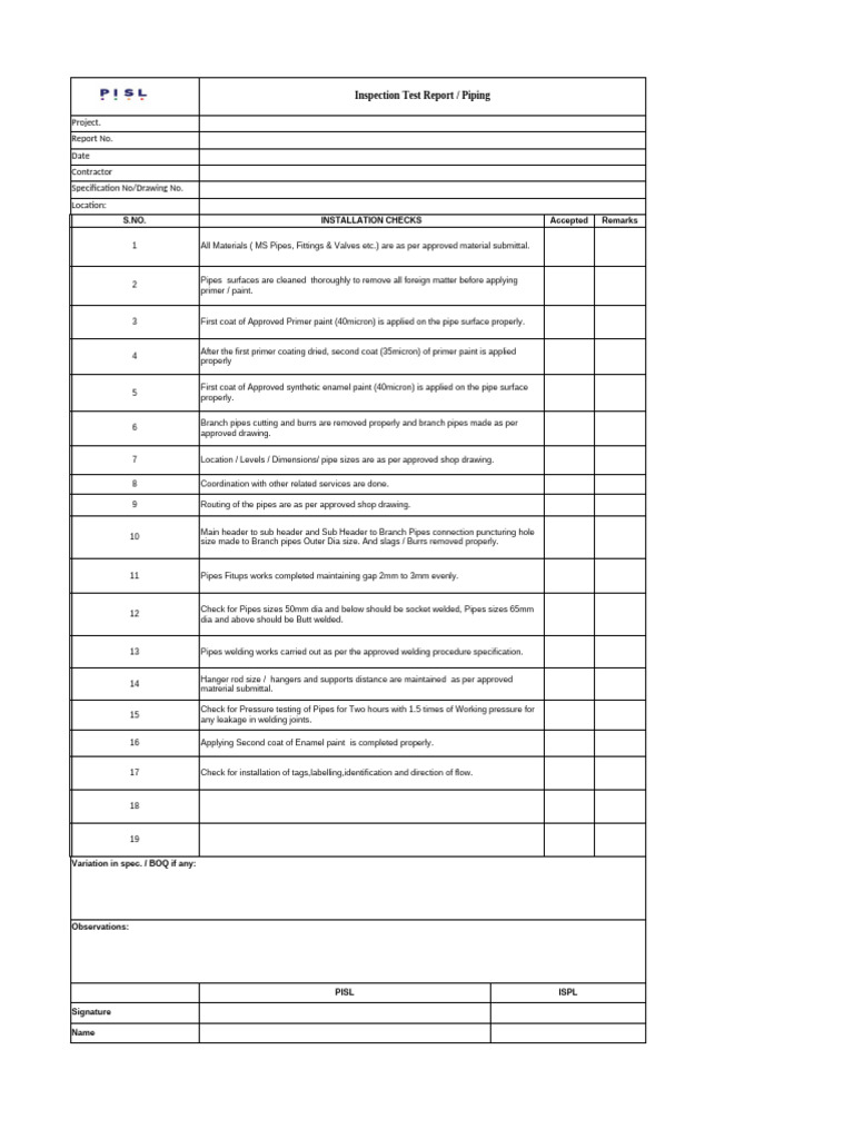 Safety Committee Installation Checklist | PDF | Pipe (Fluid Conveyance ...