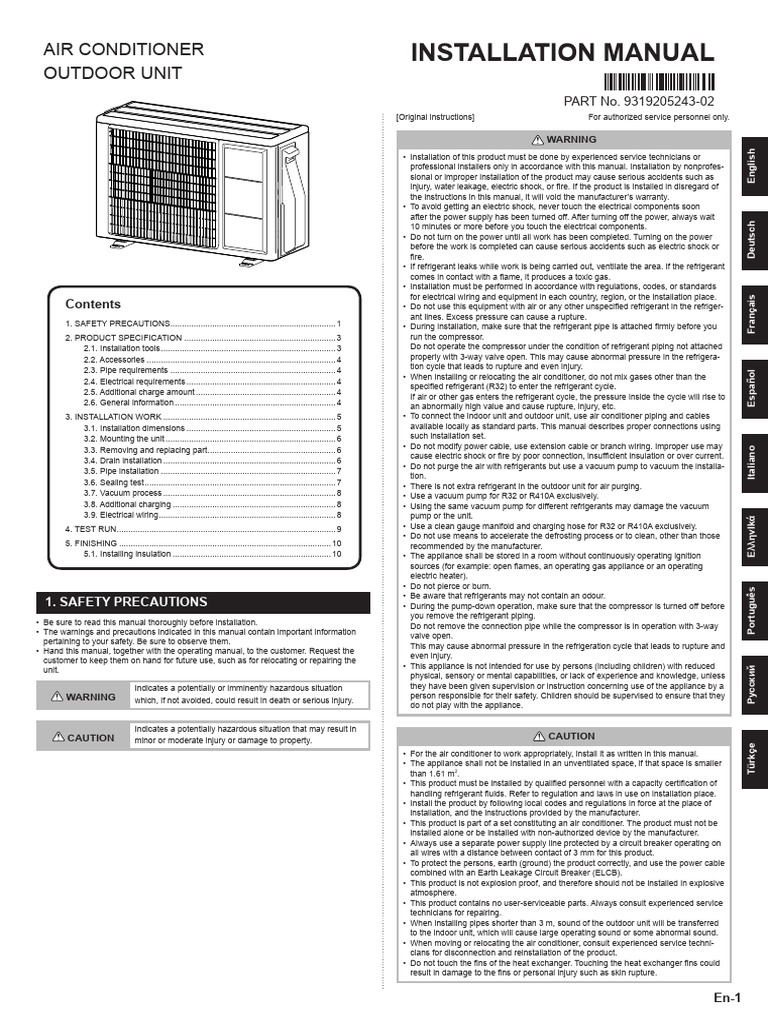 Installation Manual: Air Conditioner Outdoor Unit | PDF | Leak | Vacuum