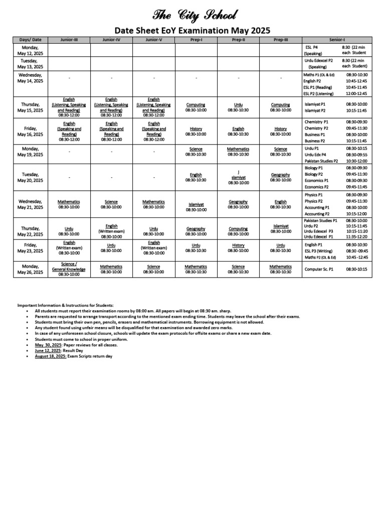 EoY Exam Schedule May 2025 | PDF | Qualifications