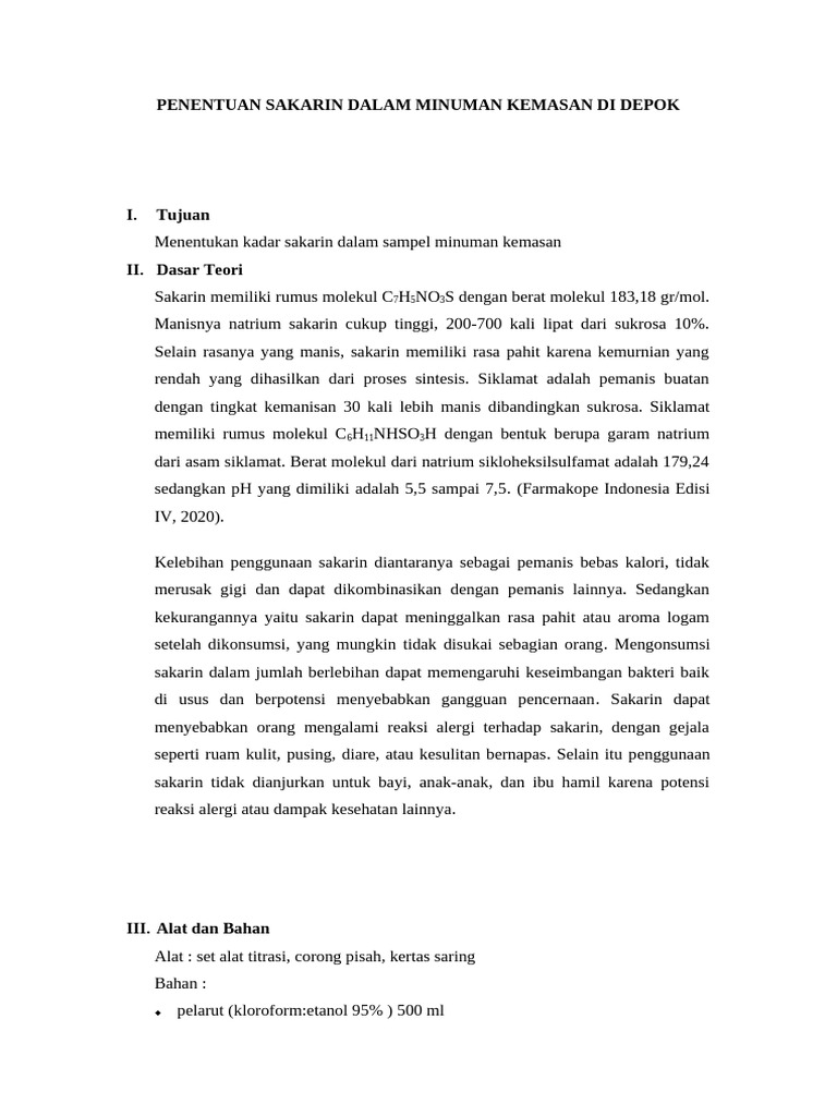 Analisis Kadar Sakarin Minuman Kemasan | PDF