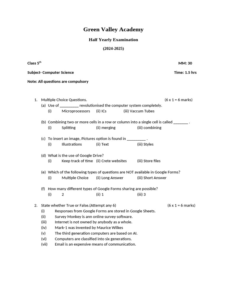 Class 5 Computer Science Exam 2024-25 | PDF | Manufactured Goods ...