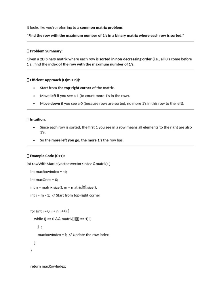 Max 1's Row in Binary Matrix | PDF | Namespace | Matrix (Mathematics)