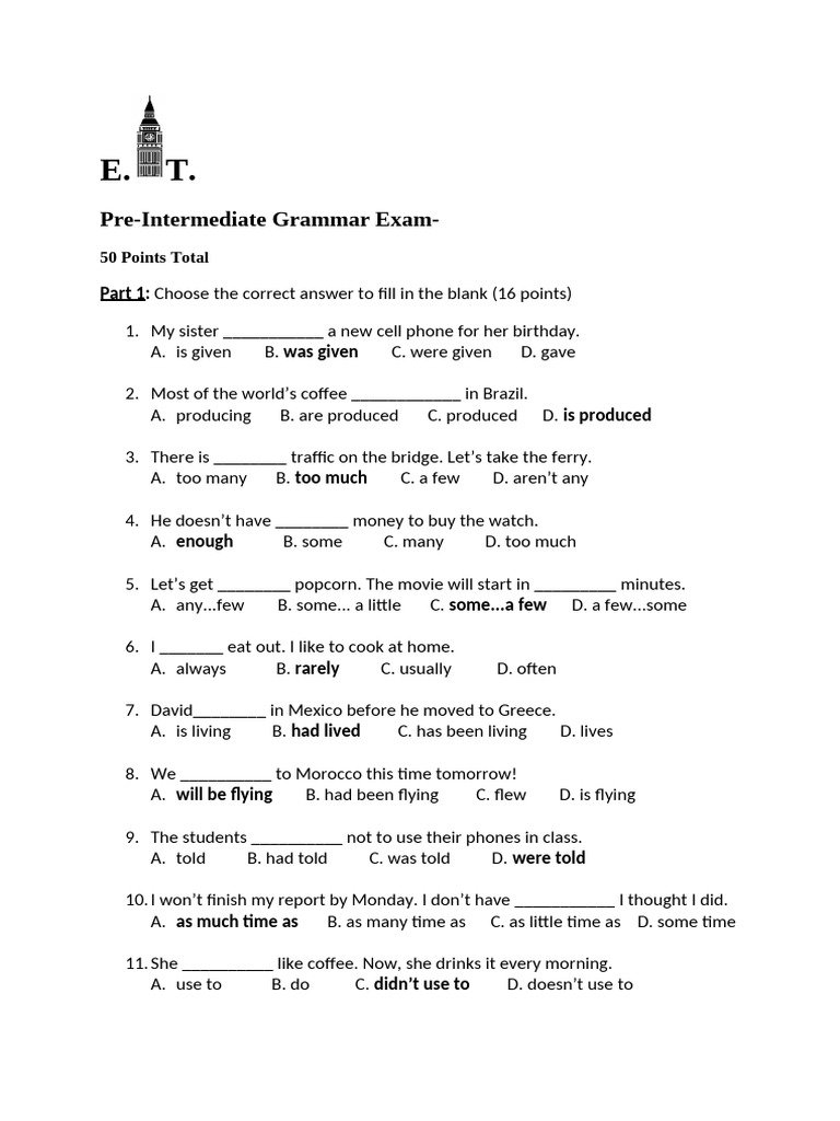 Pre-Intermediate Grammar Exam Guide | PDF | Grammar | Linguistics