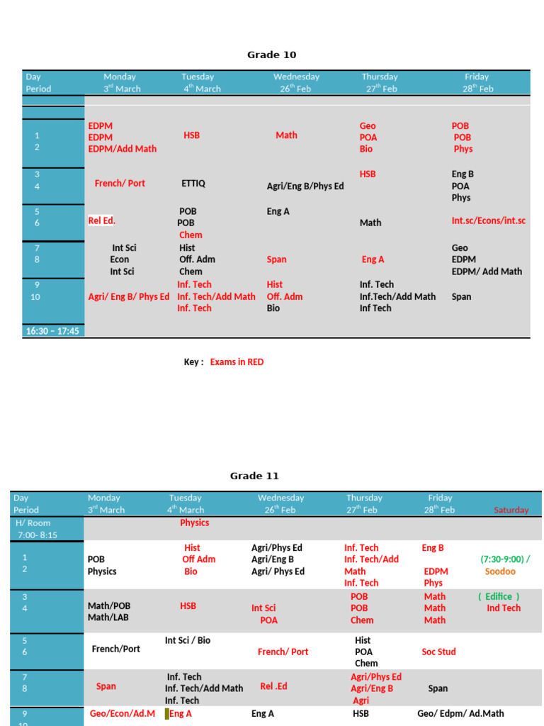 Grade 10-12 Midterm Exam Schedule 2025 | PDF