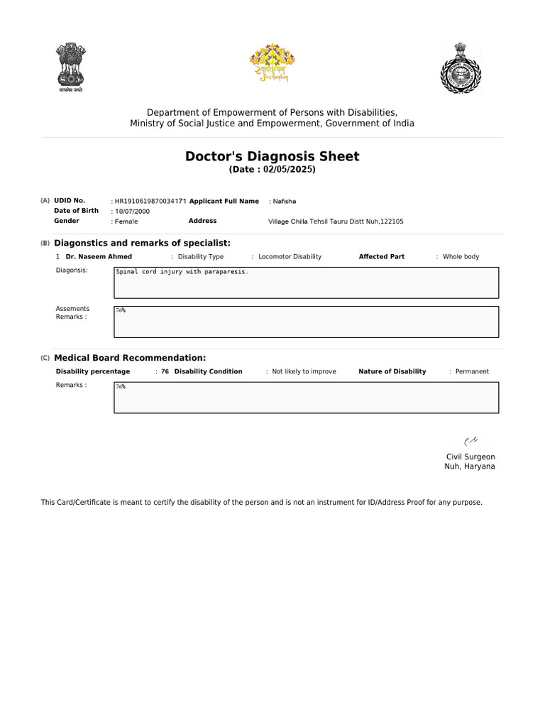 Doctor's Diagnosis Sheet for Disability | PDF