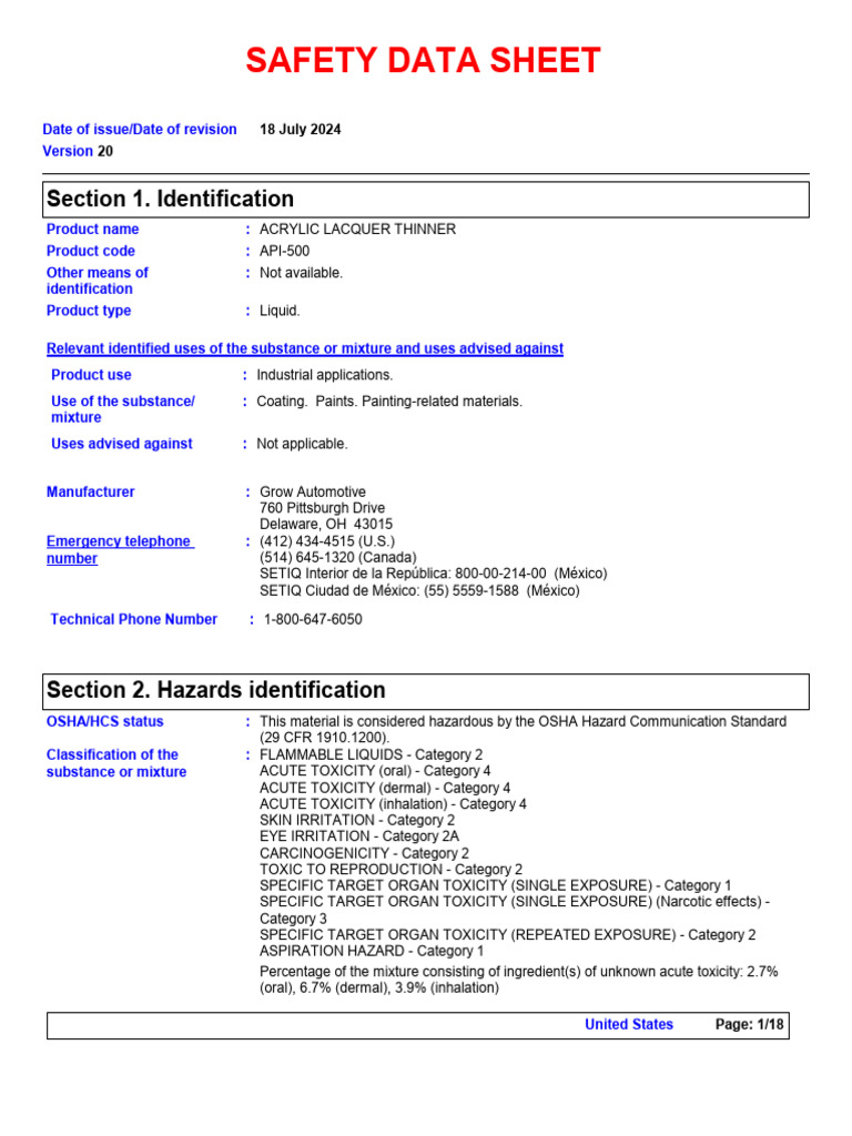 Acrylic Lacquer Thinner Safety Data Sheet | PDF | Toxicity | Toluene