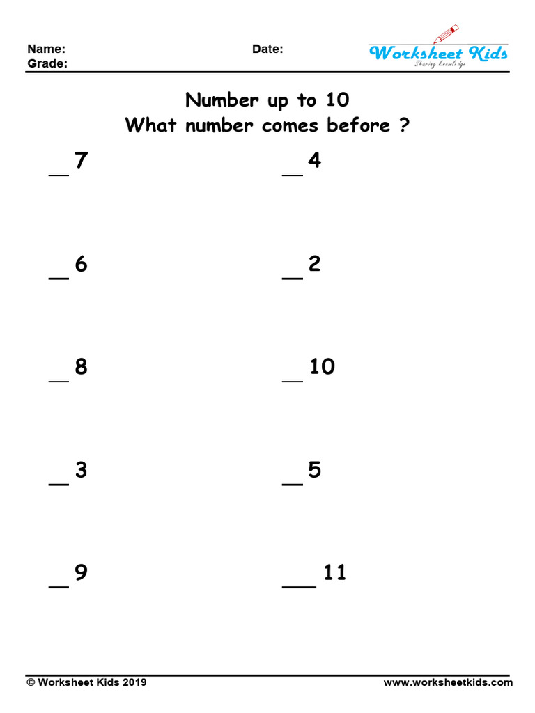 What Comes Before: Numbers 1-10 Worksheet | PDF