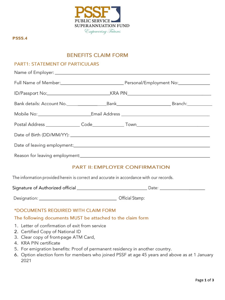 PSSS Benefits Claim Form | PDF