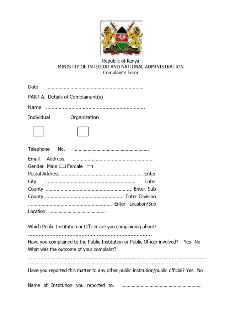 Kenya Complaints Form for Public Issues | PDF