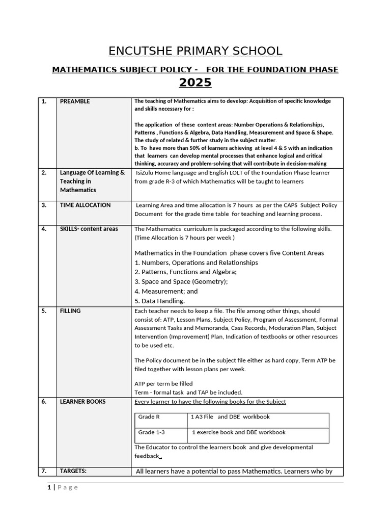 Foundation Phase Math Policy 2025 | PDF | Mathematics | Learning