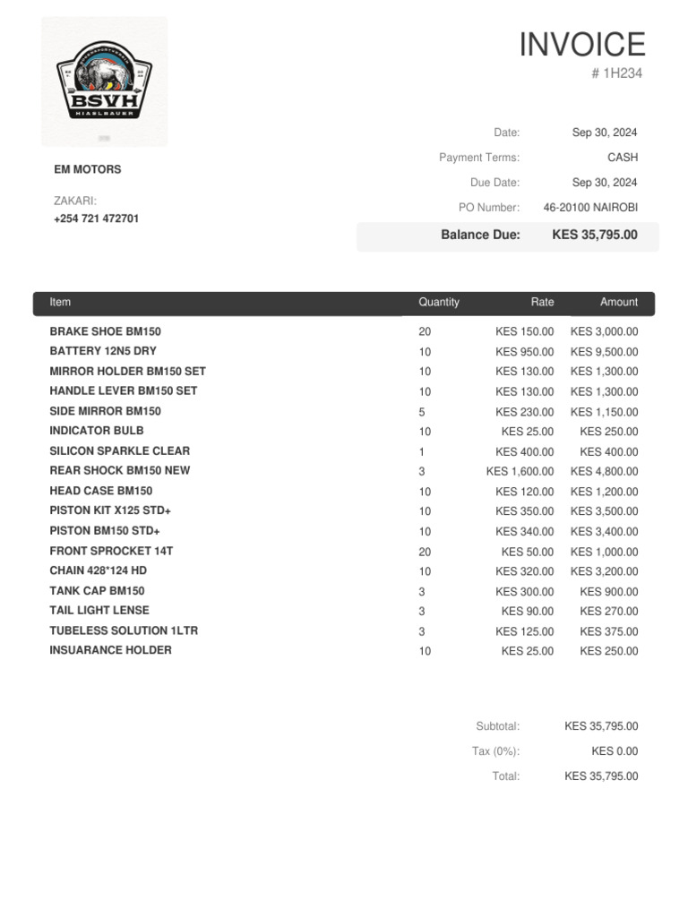 EM Motors Invoice for Parts and Services | PDF