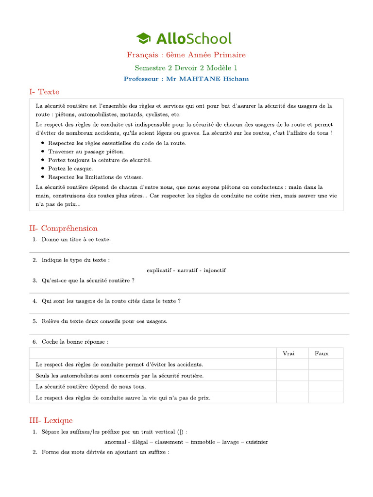 Francais 6ap Semestre 2 Devoir 2 Modele 1 2 | PDF