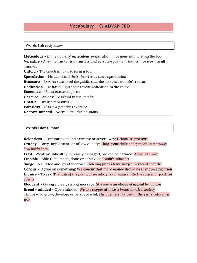 C1 Advanced Vocabulary Words List | PDF
