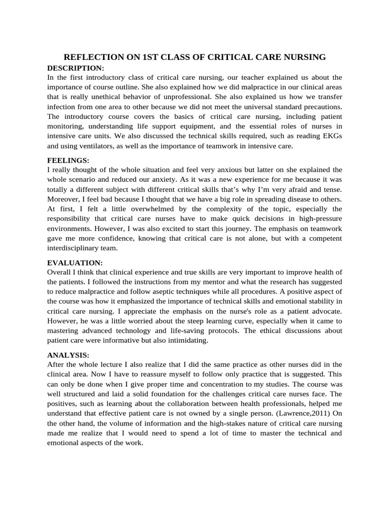 Insights from First Critical Care Class | PDF | Nursing | Reflective ...