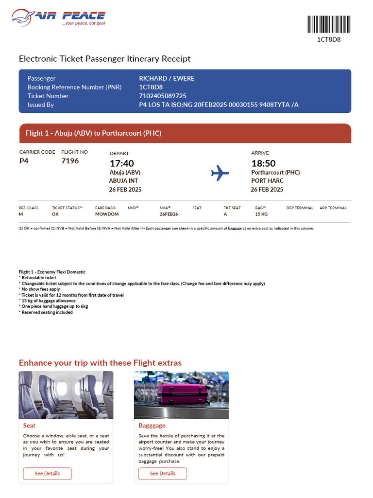 Abuja to Portharcourt Flight Itinerary | PDF | Business Class | Baggage