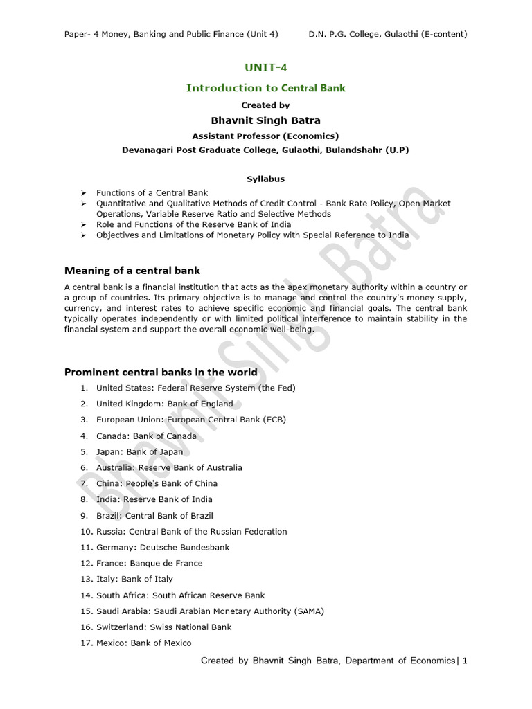 Central Bank Functions and Credit Control | PDF | Central Banks ...
