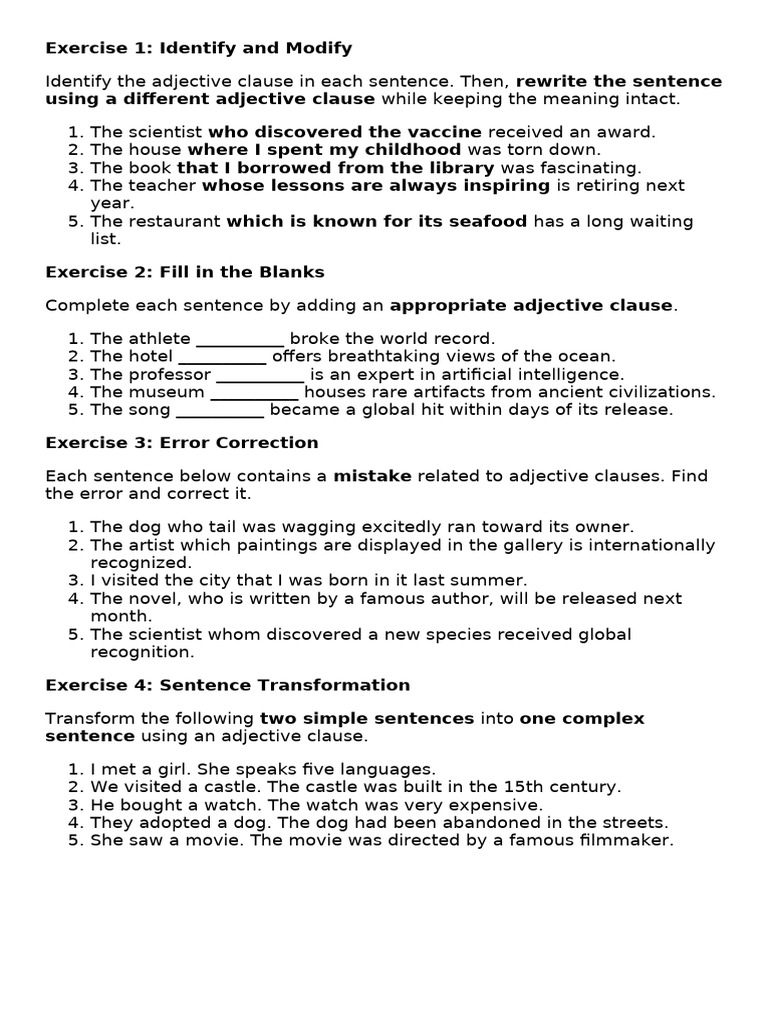 Adjective clause exercises | PDF