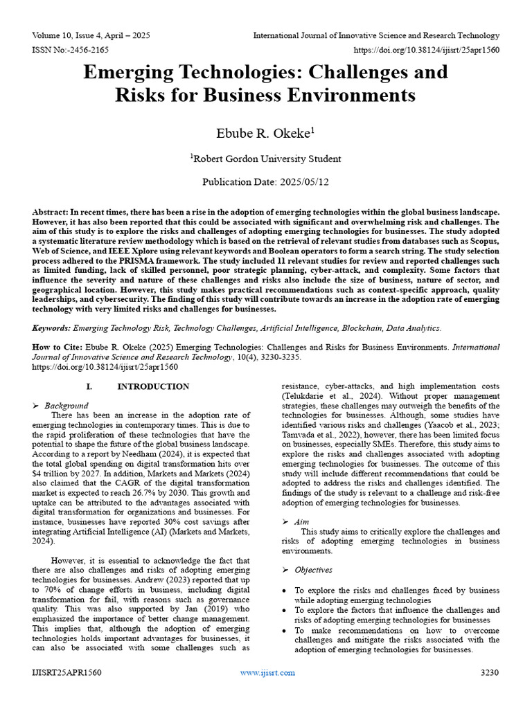 Emerging Technologies: Challenges and Risks for Business Environments ...