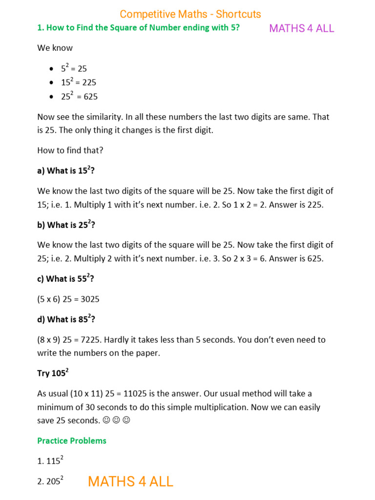 Maths Shortcuts for Squares and Roots | PDF | Multiplication | Mathematics