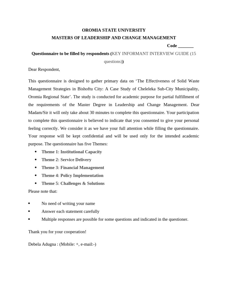 Key Informant Guide: Waste Management in Bishoftu | PDF