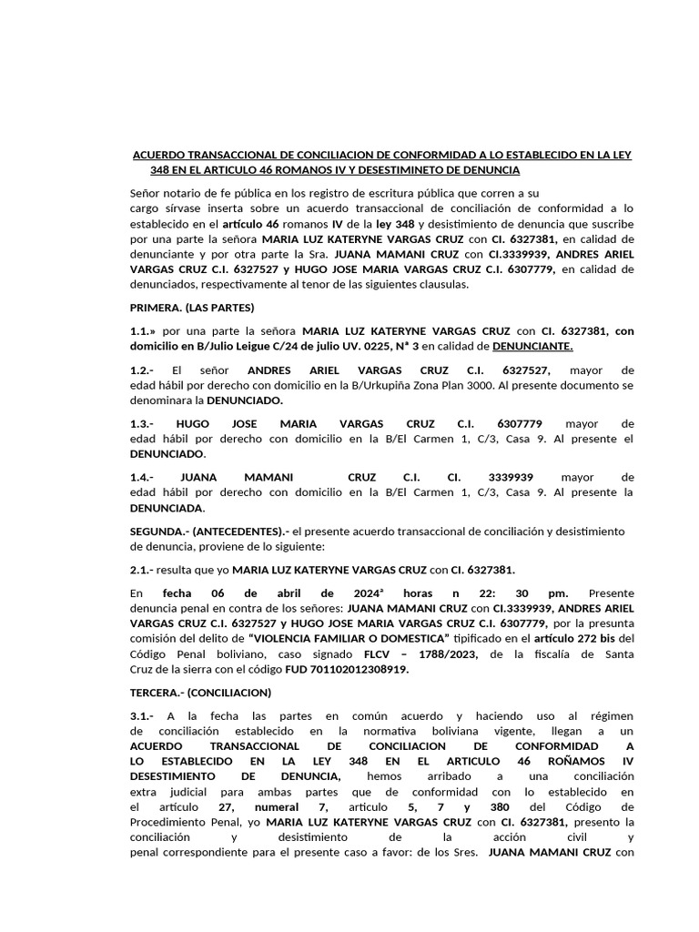 Acuerdo Conciliatorio Ley 348 y Desistimiento | PDF | Justicia | Crimen ...