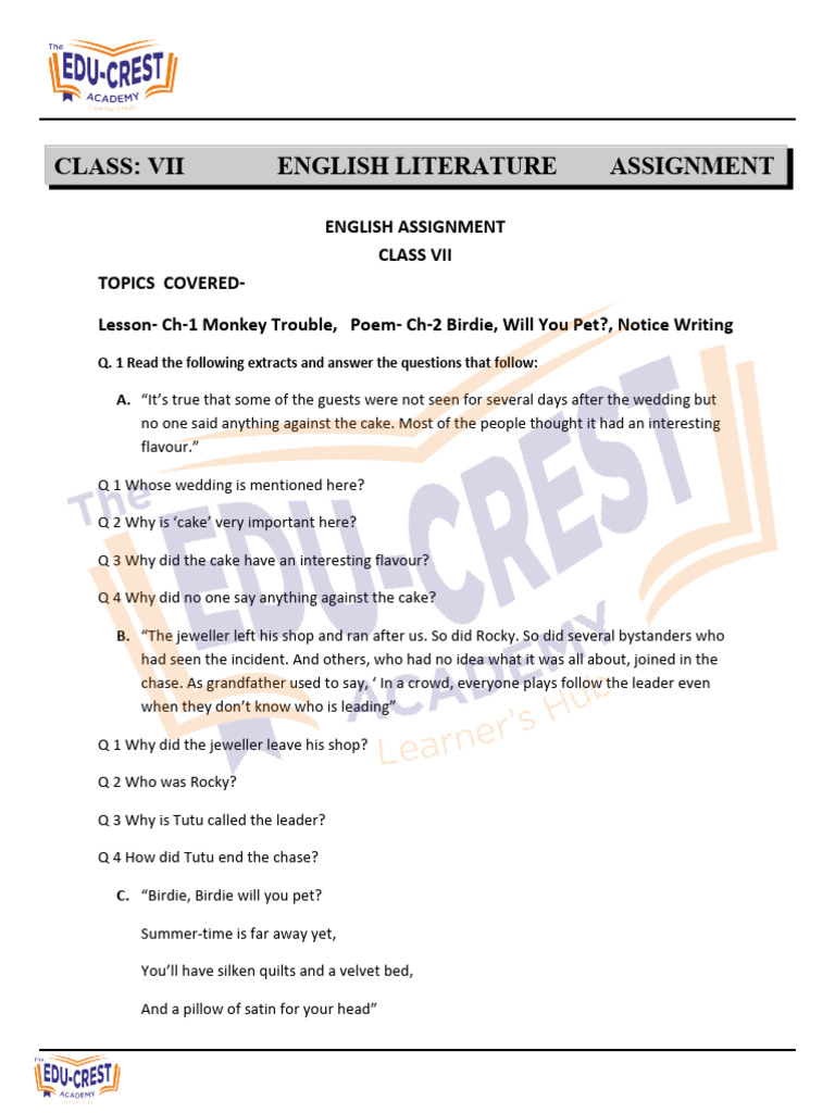 Class VII English Literature Assignment | PDF