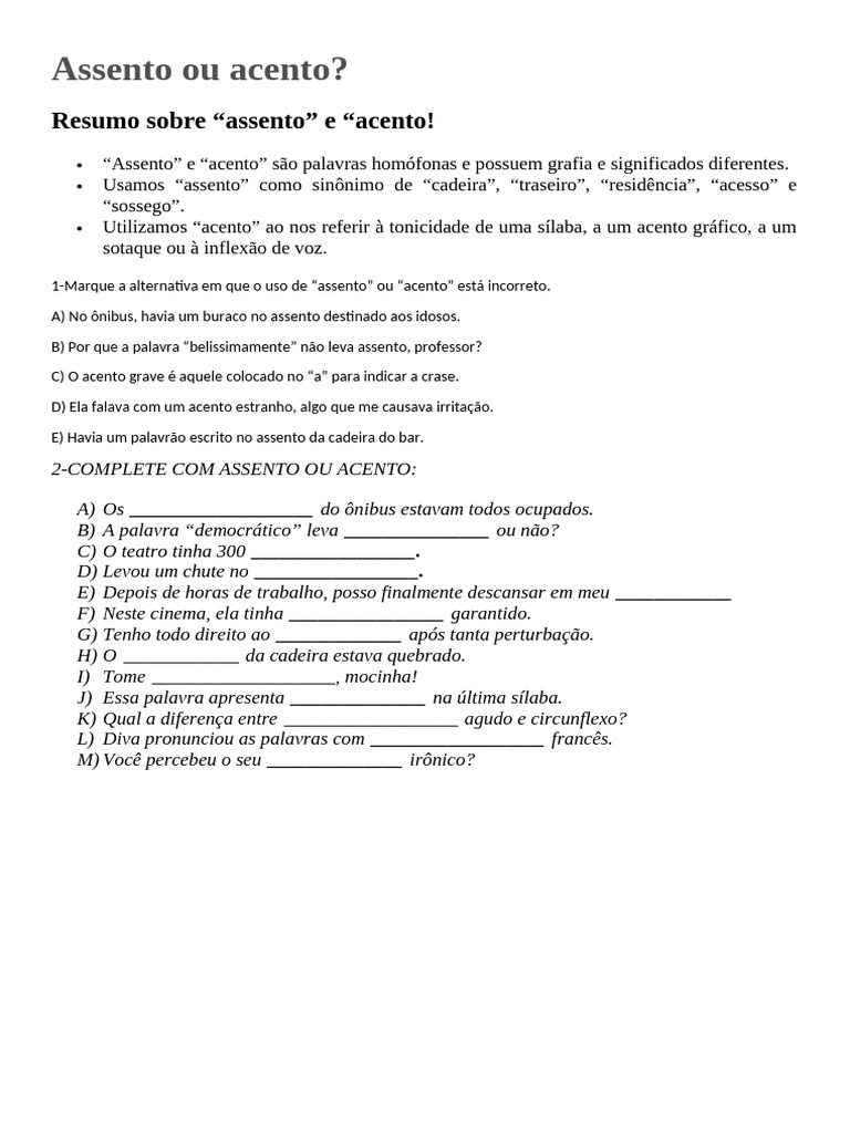 Diferenças entre assento e acento | PDF