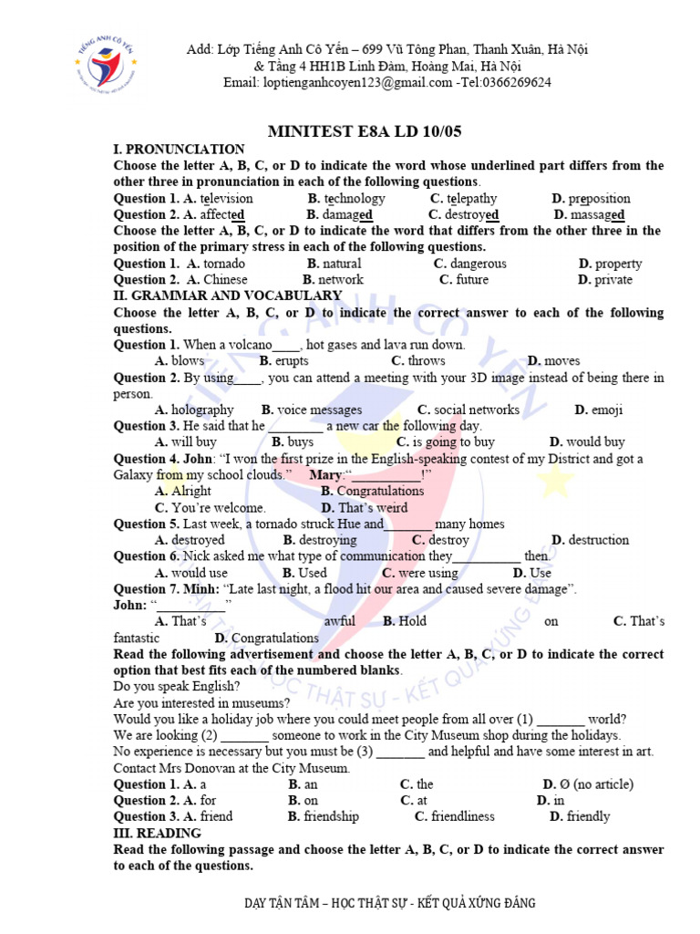 English Class Test Preparation Guide | PDF