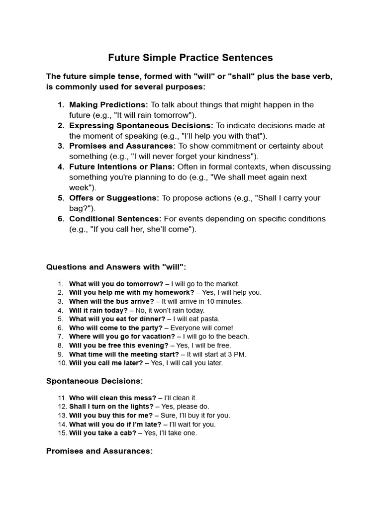 Future Simple Practice Sentences | PDF