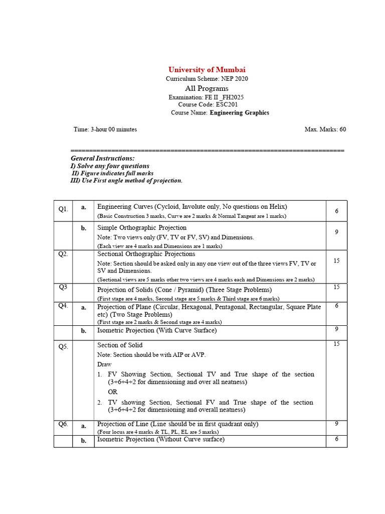 NEP 2020 Engineering Graphics Exam FH2025 | PDF | Curve | Differential ...