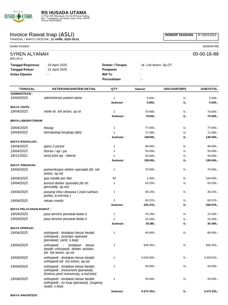 Invoice Rawat Inap RS Husada Utama | PDF
