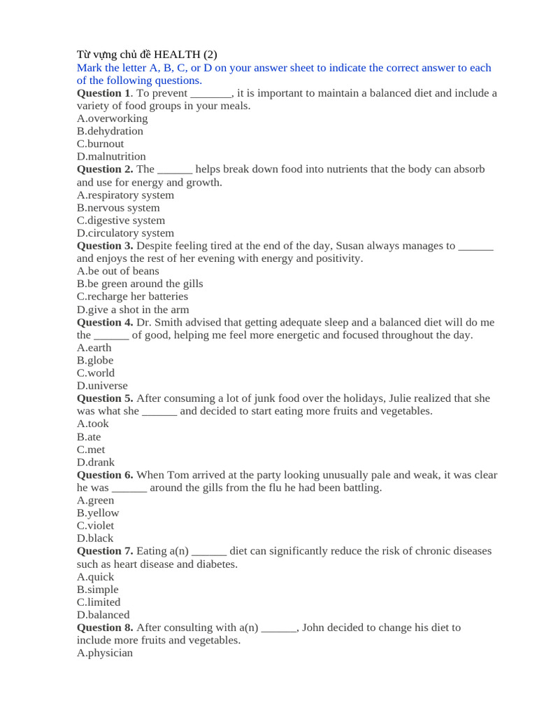 Health Vocabulary Quiz and Answers | PDF | Healthy Diet | Obesity