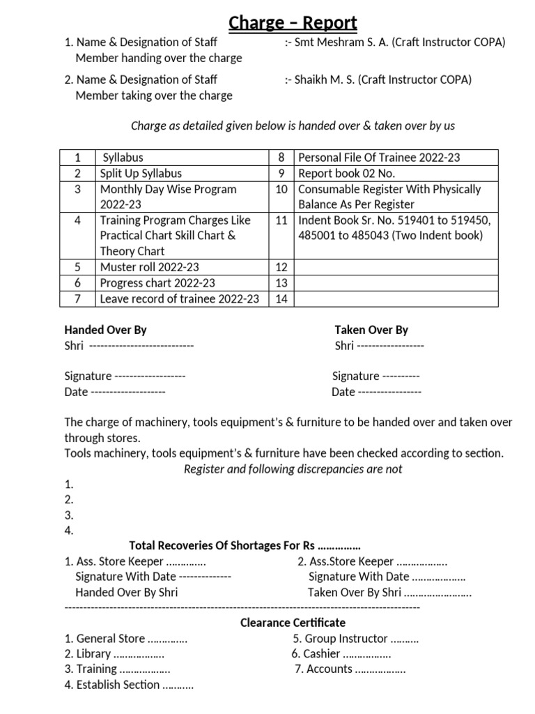 Charge Handover Report for Staff | PDF