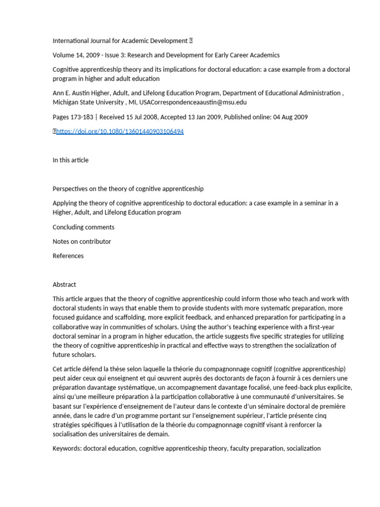 Cognitive Apprenticeship Theory and Its Implications For Doctoral ...