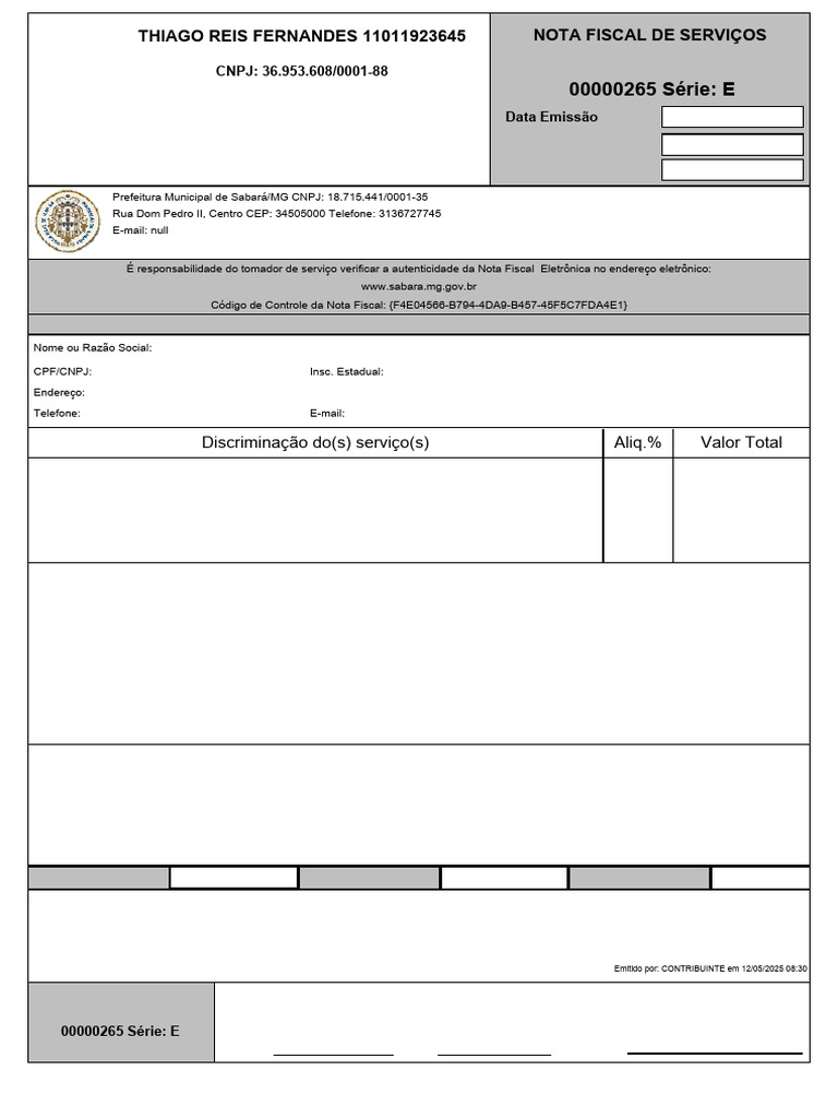 Nota Fiscal de Serviços - Sabará/MG | PDF | Recibo | Brasil