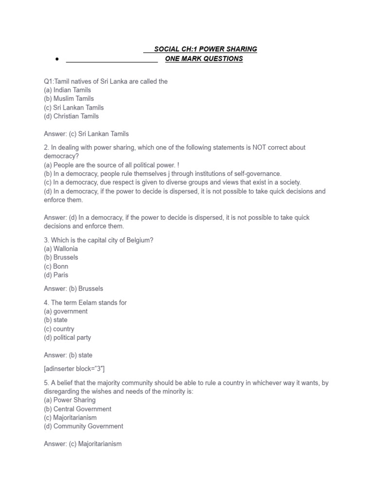 MCQs on Power Sharing for Class 10 | PDF | Sri Lanka | Belgium