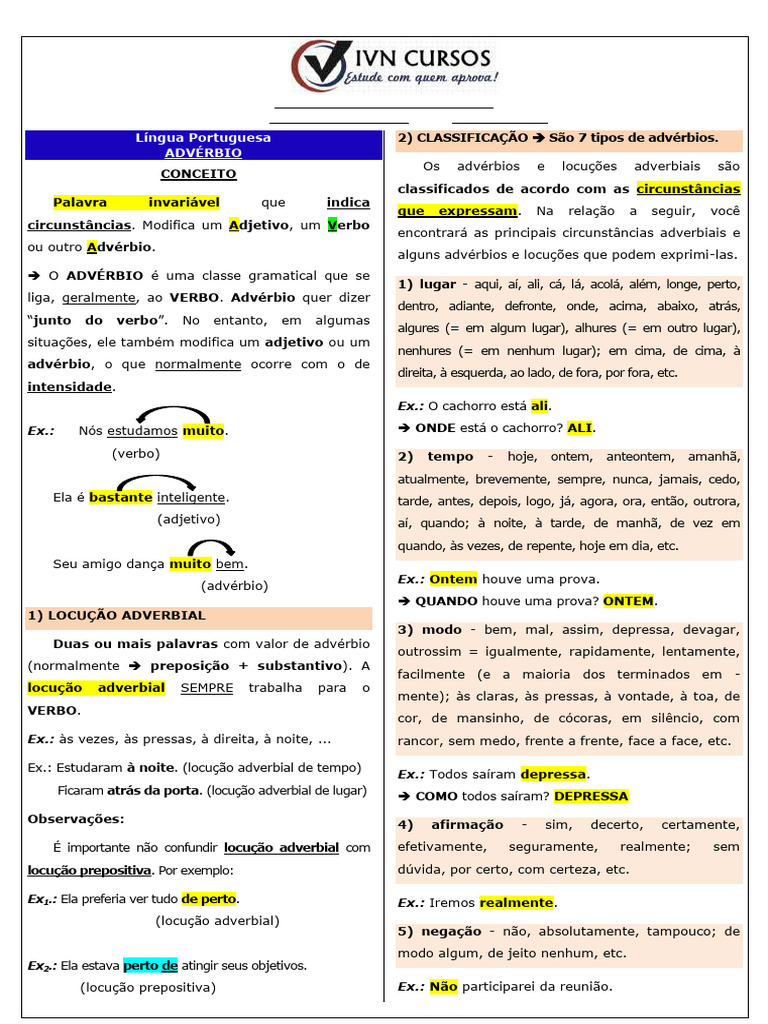 Advérbios e Locuções Adverbiais | PDF | Advérbio | Pronome