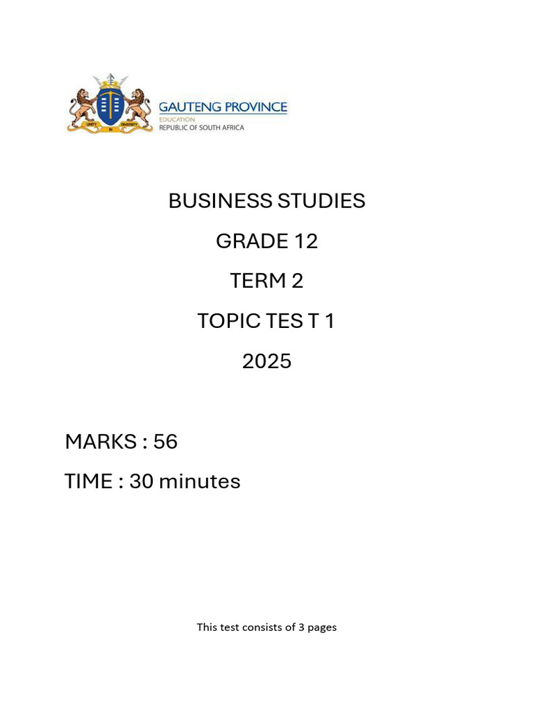 Grade 12 Business Studies Term 2 Test 2025 | PDF | Economies | Business