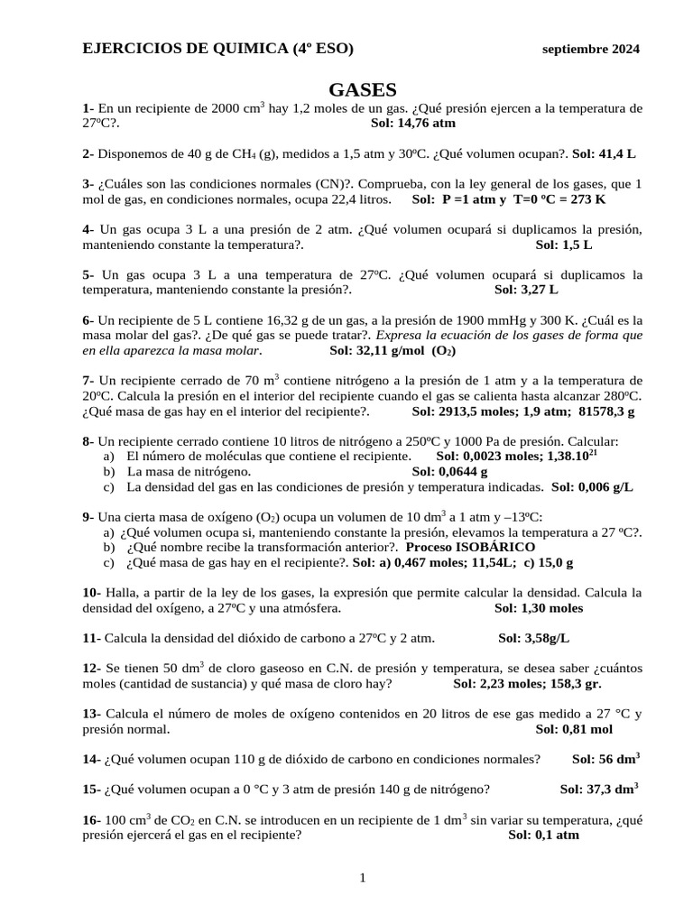 Ejercicios de Gases para 4º ESO | PDF | Gases | Mole (Unidad)