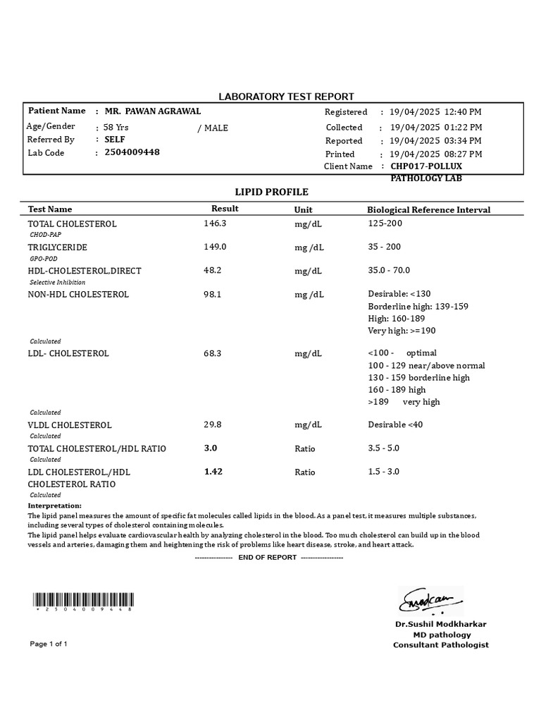 Lipid Profile Test Report for Mr. Agrawal | PDF | Cholesterol | Lipid