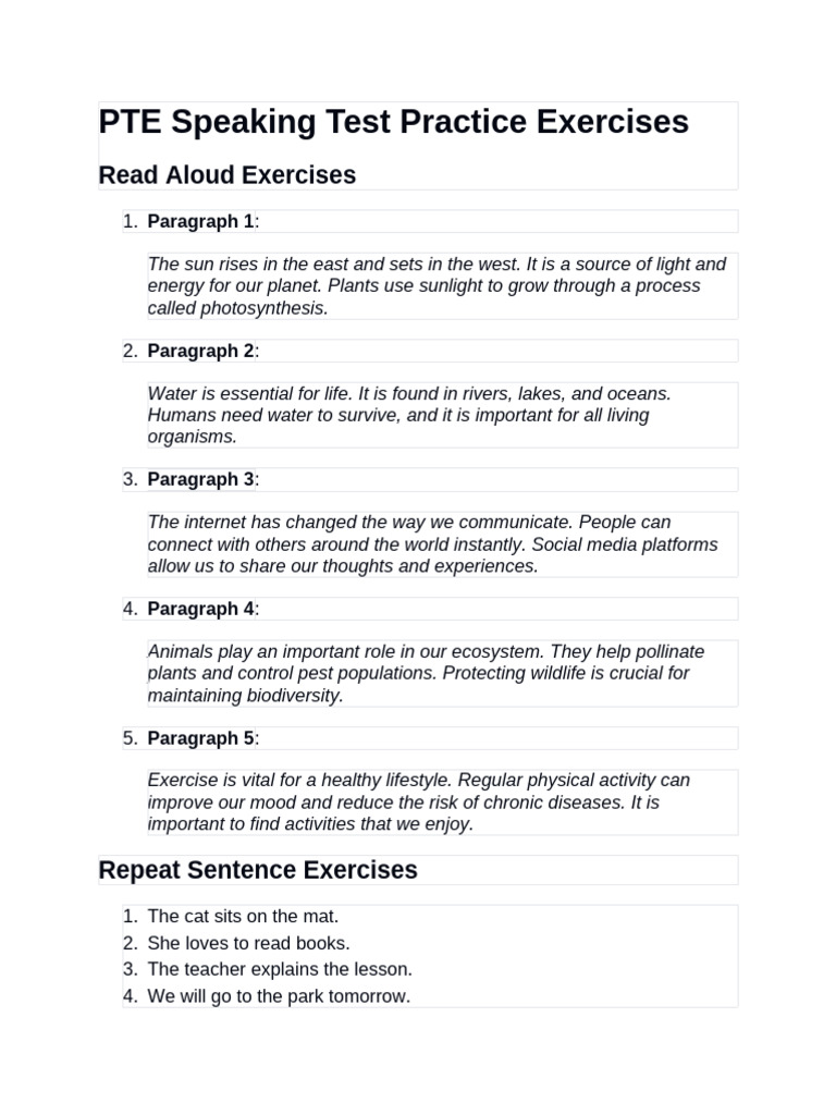 PTE Speaking Test Practice Exercises | PDF | Water | Earth