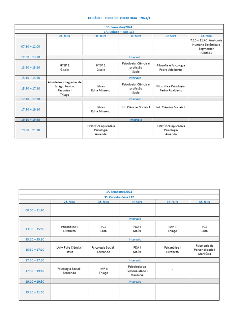 Horário do Curso de Psicologia 2024/1 | PDF | Psicologia Aplicada ...