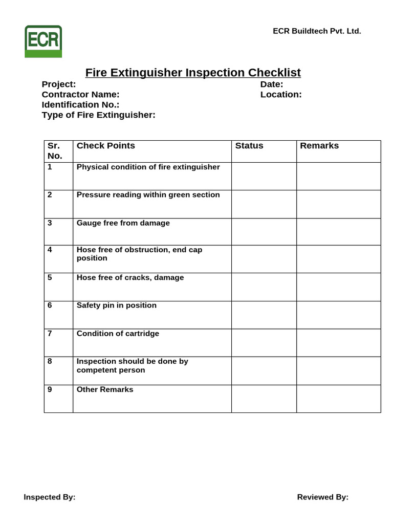 Fire Extinguisher Inspection Checklist PDF