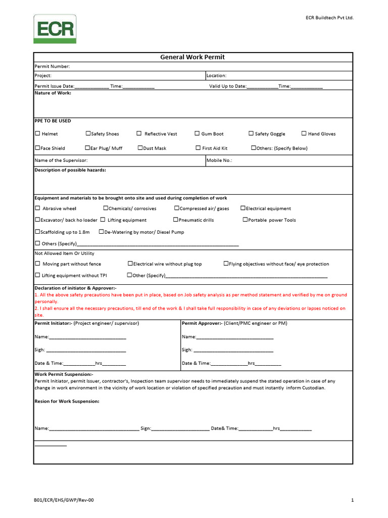 ECR Buildtech Work Permit Closure Guide | PDF | Occupational Safety And ...