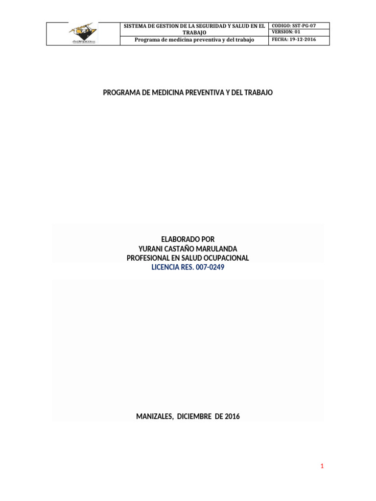 Programa de Medicina Preventiva Laboral | PDF | Seguridad y salud ...