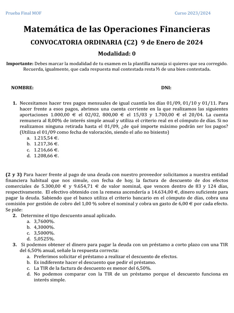 Prueba Final Matemáticas Financieras 2024 | PDF | Economias