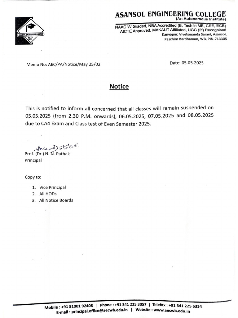 Notice Class Suspended For CA4 Exam and Class Test | PDF
