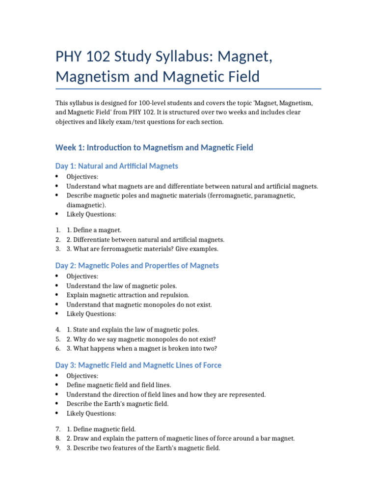 PHY 102 Syllabus: Magnetism Overview | PDF | Magnetism | Magnetic Field
